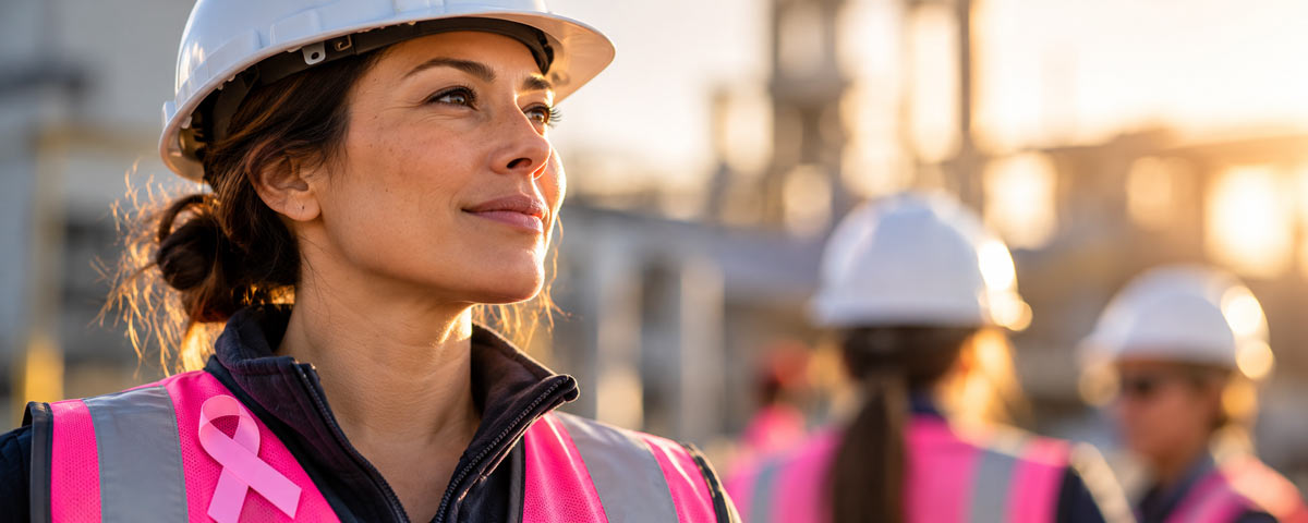 female construction worker wearing a pink ribbon