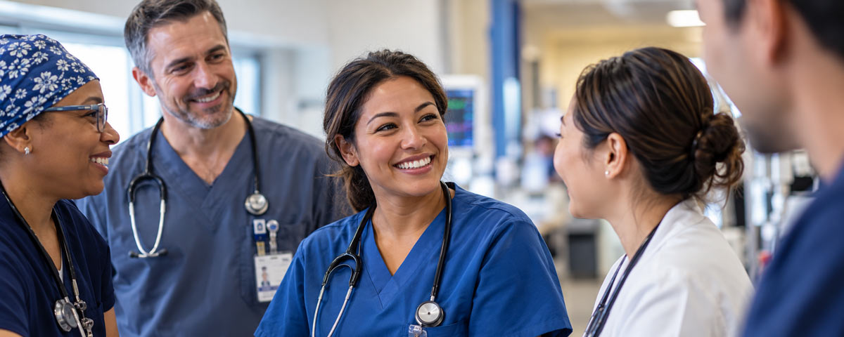 hospital staff talking at nurses station