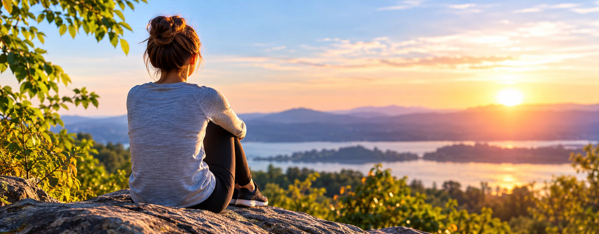 Woman sitting on a rocky overlook watching the sunset over a lake and distant mountains